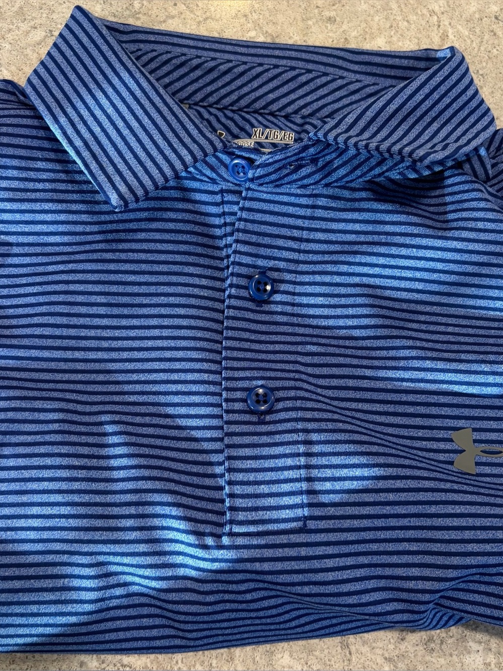 Under Armour Men’s Heat Gear 
Navy and Bright Blue Striped Polo-XL